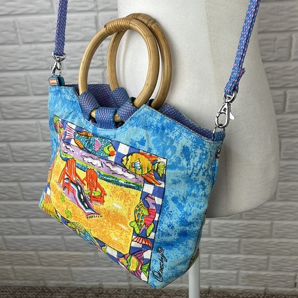 Vintage Anne Ormsby Surviving Stress Bamboo Handle Canvas Beach Purse - Picture 2 of 15